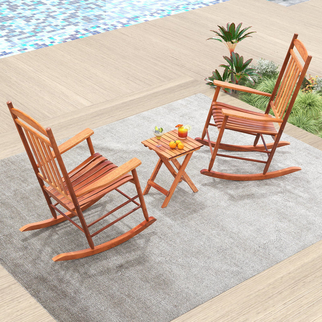 3-piece Outdoor Poplar Wood Rocking Chair Set - Natural