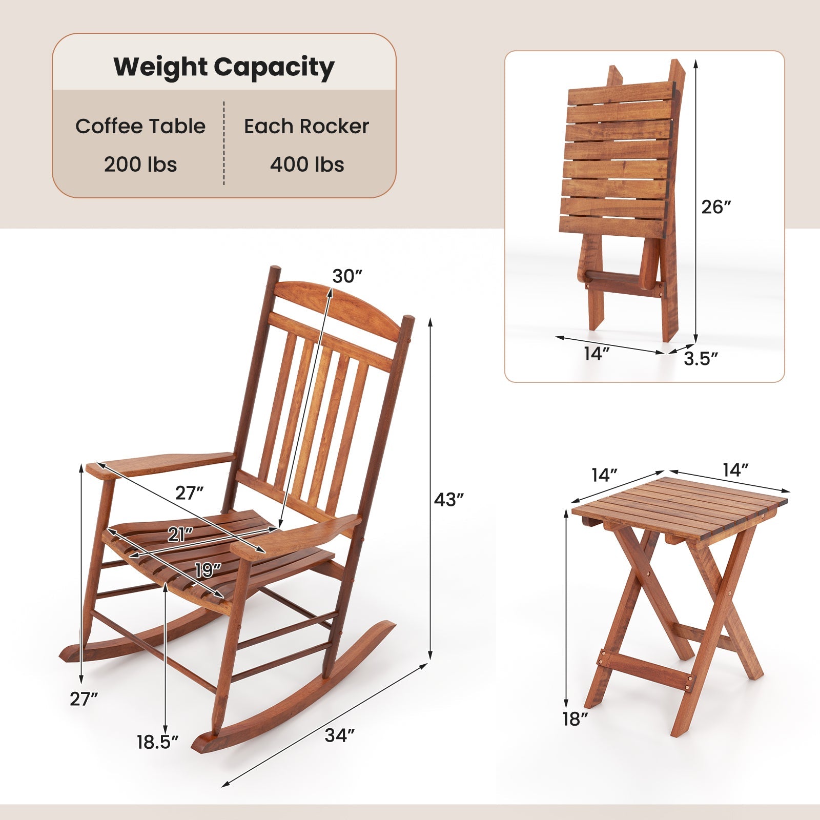 3-piece Outdoor Poplar Wood Rocking Chair Set - Natural