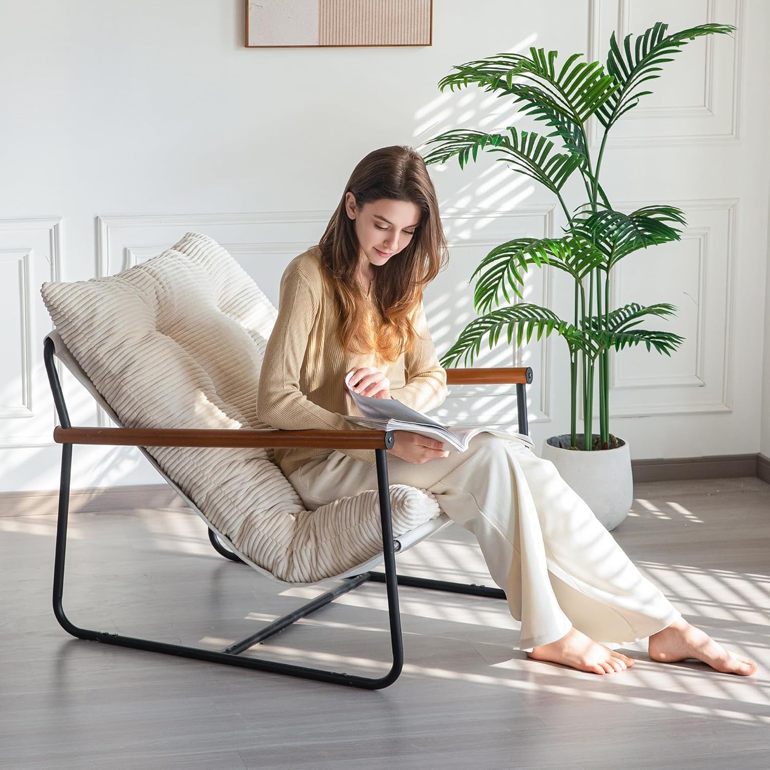 Beige Corduroy Accent Chair With Armrests