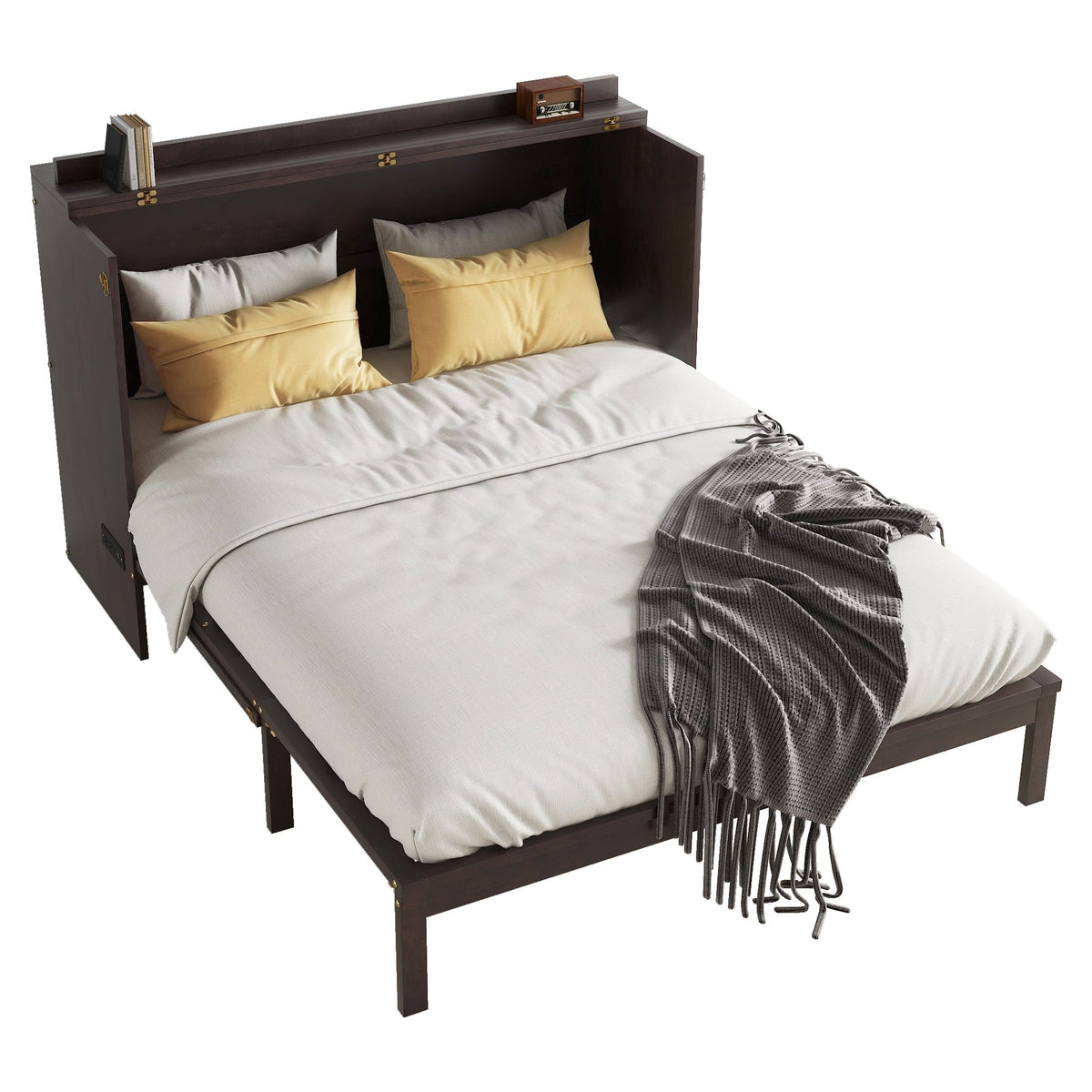 Queen Size Murphy Bed, Pine Wood with Power Station and Rattan Decoration Panel - Espresso