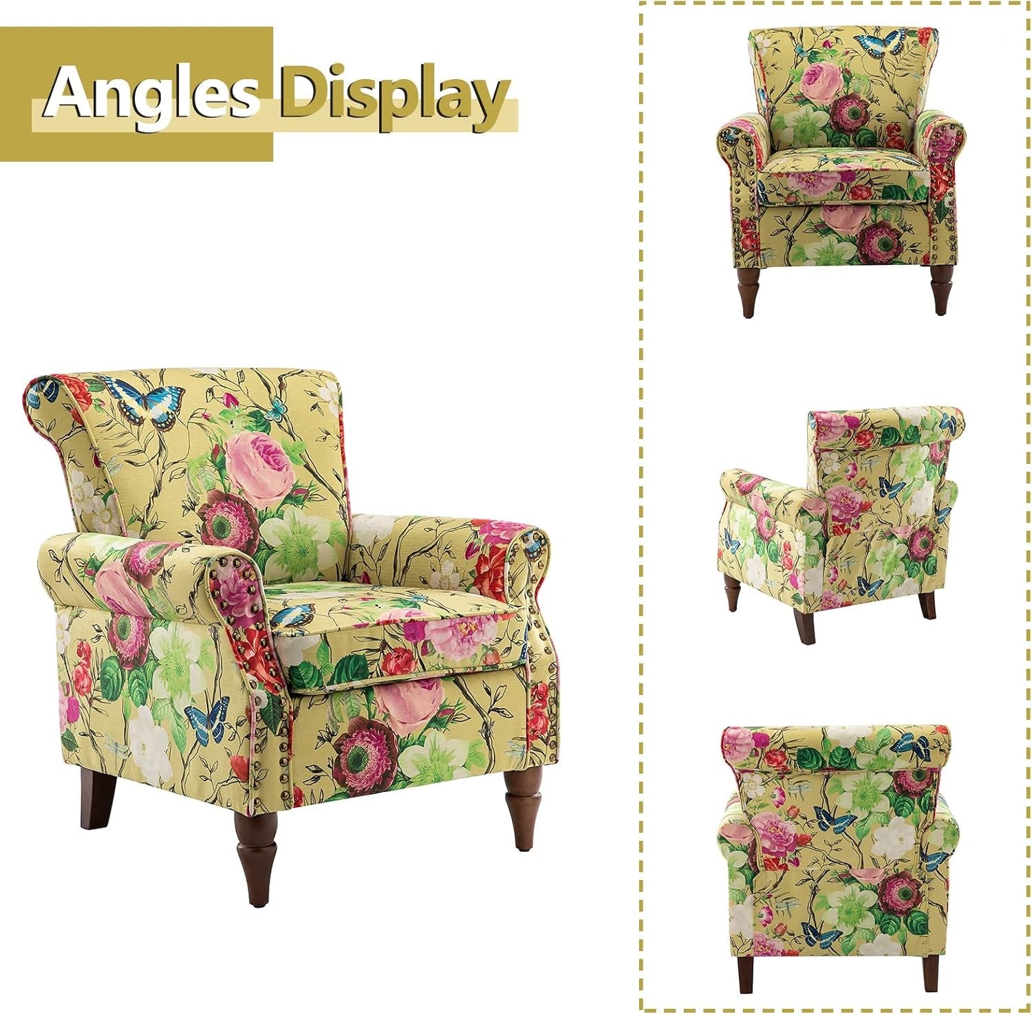 Yellow Floral Wingback Chair With Solid Wood Legs