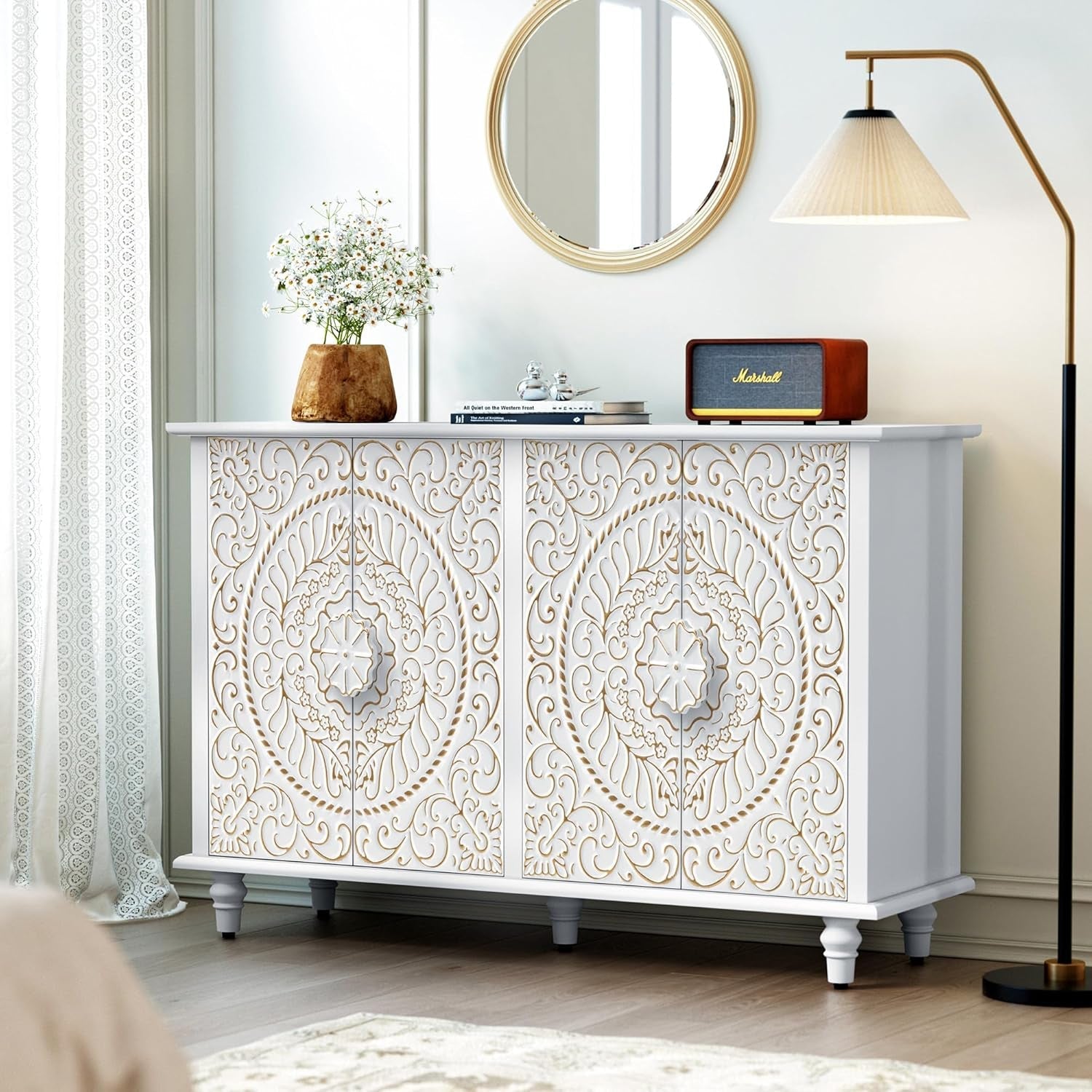 48 Inch Sideboard With Embossed Doors in Distressed White