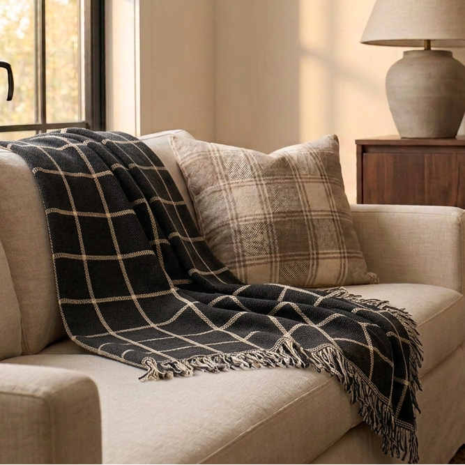 Charcoal Grid Jacquard Woven Throw