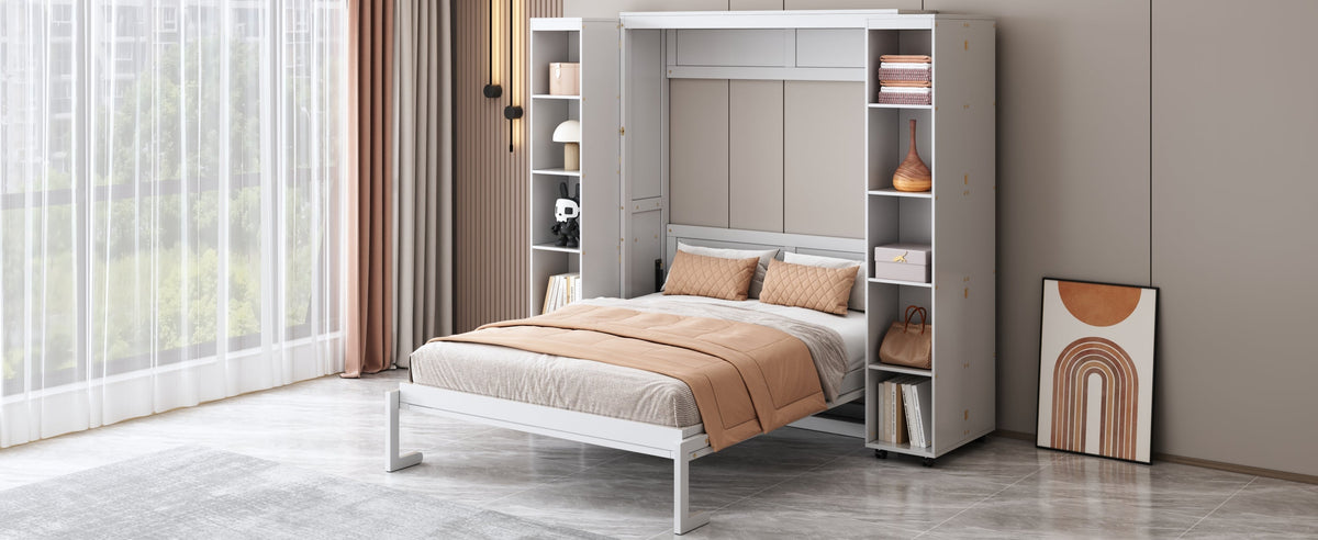 Queen Murphy Bed with Storage Doors - White