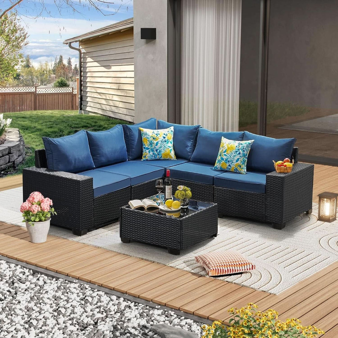 6 Piece All Weather Outdoor Wicker Sectional Sofa Set - Navy
