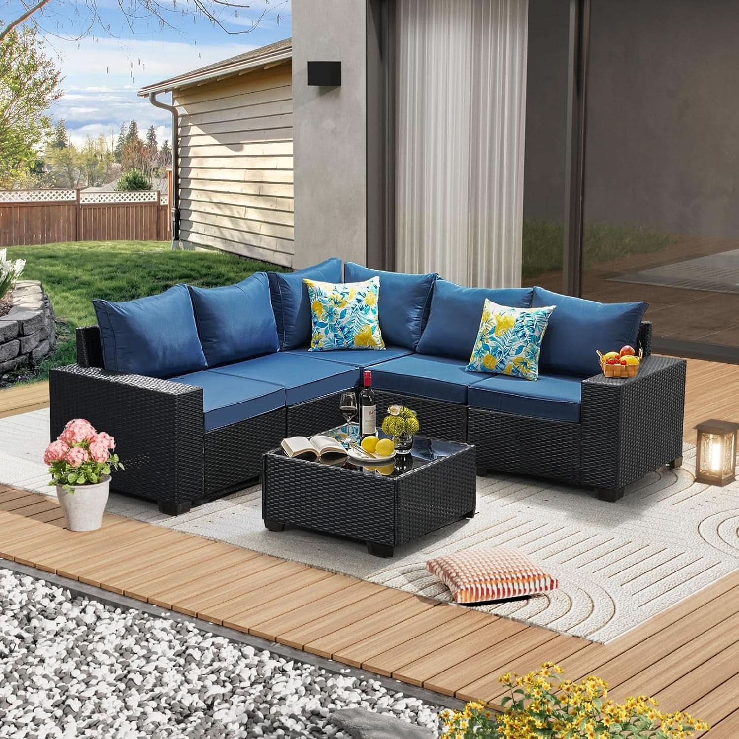 6 Piece All Weather Outdoor Wicker Sectional Sofa Set - Navy