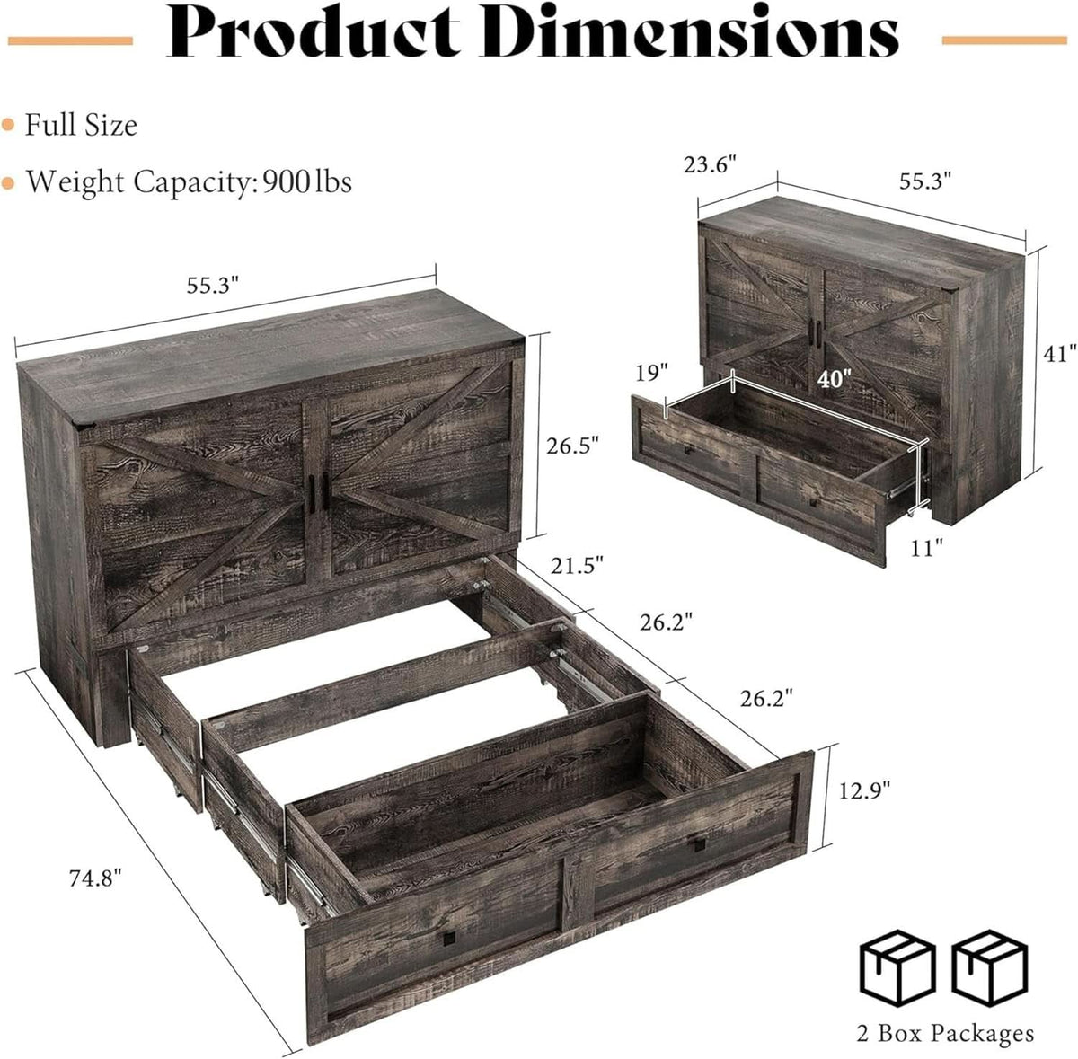 Black Oak Murphy Bed Cabinet With USB - Queen Size