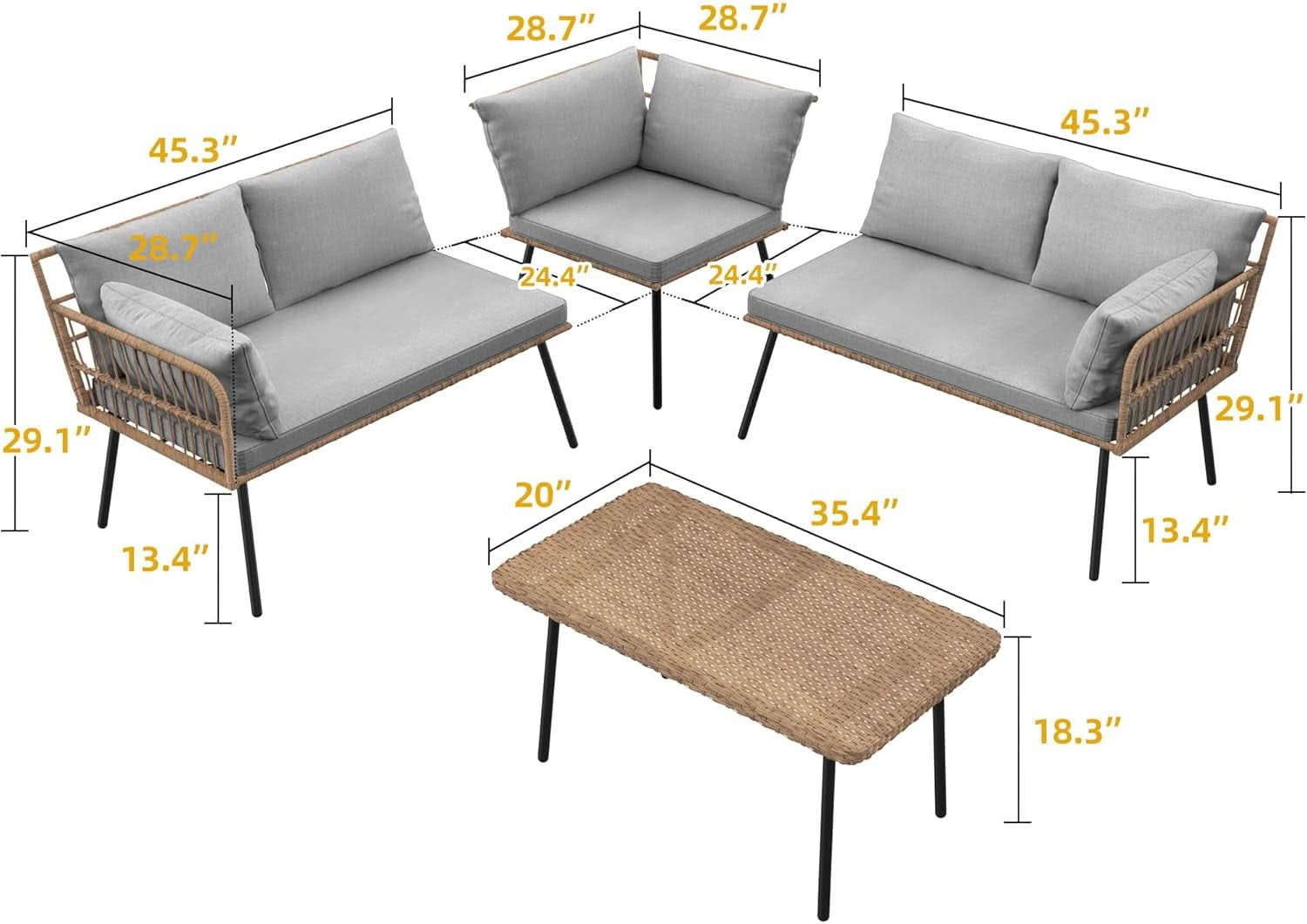 4 Piece Outdoor Wicker Sectional Set in Gray