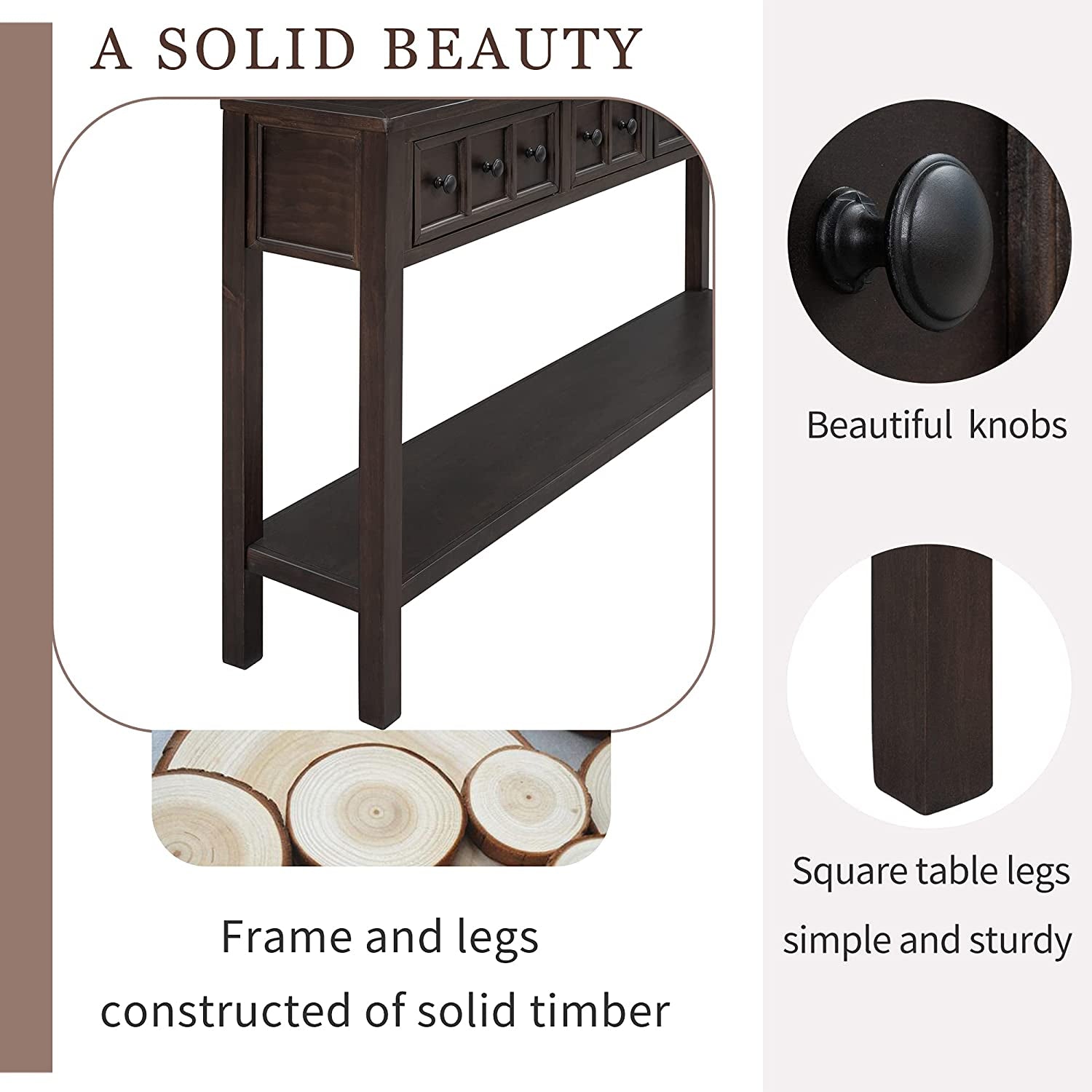 Rustic 60 Inch Console Table With Drawers in Mocha