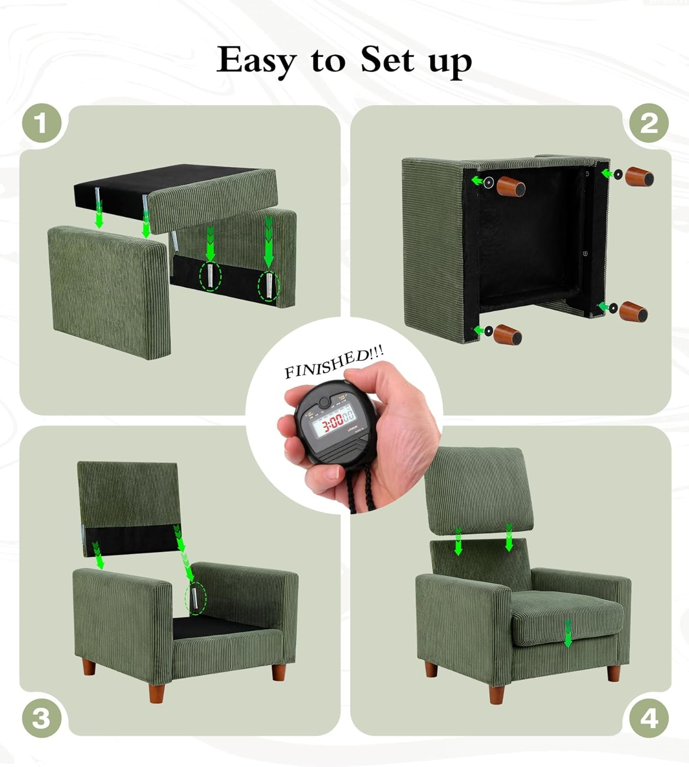 Green Corduroy Accent Chair With 22 Inch Deep Seat