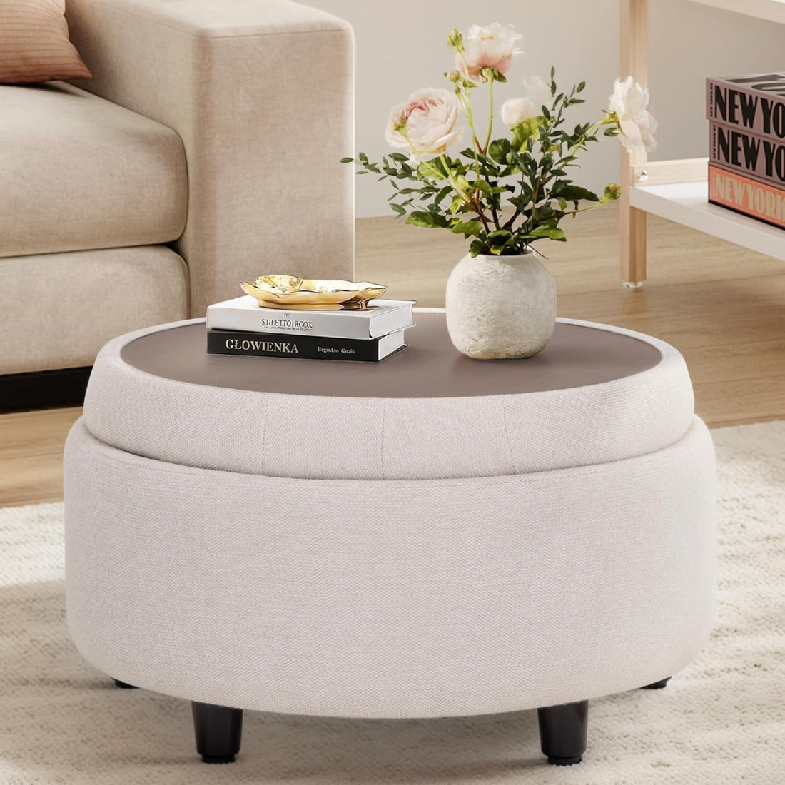 Beige Storage Ottoman With Tray