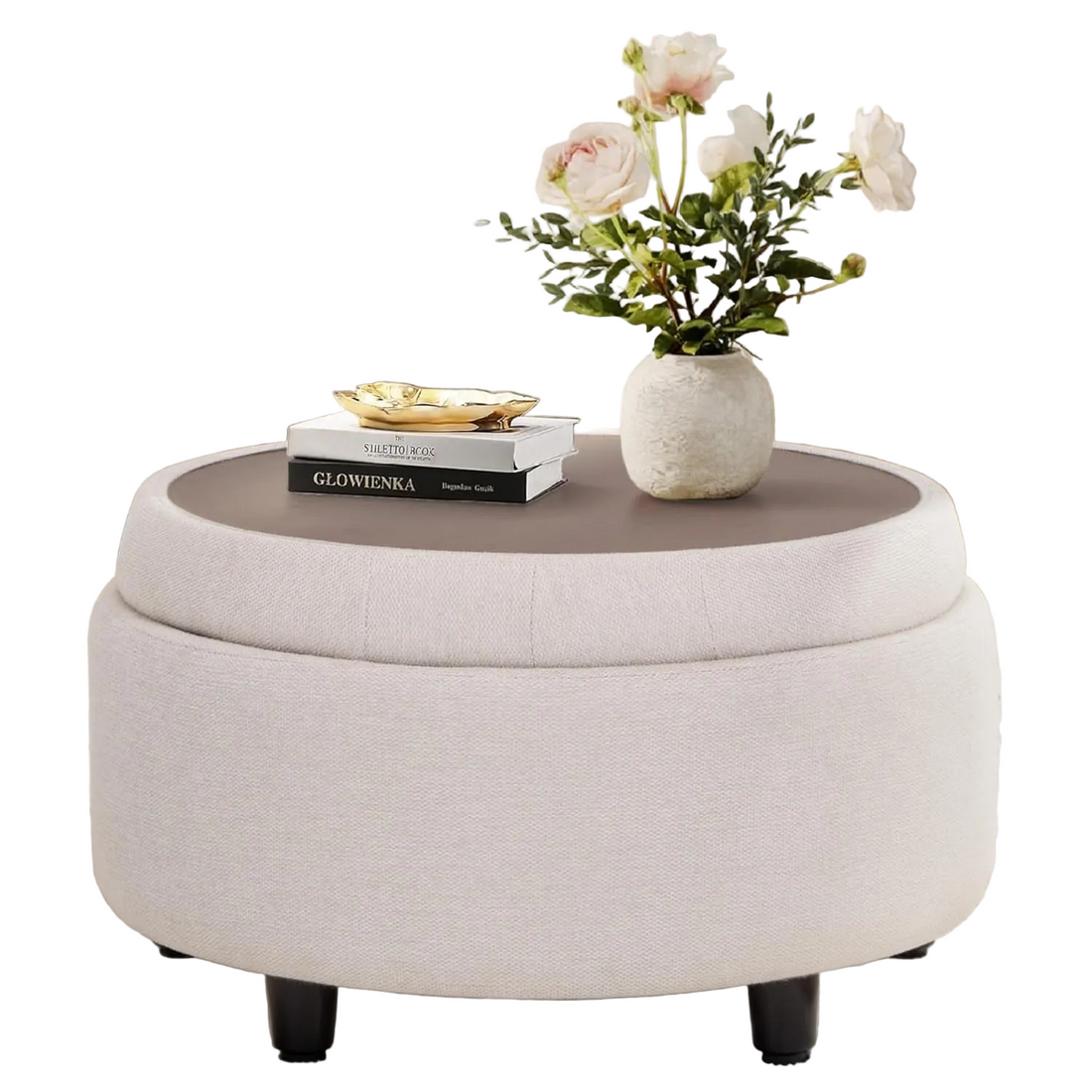 Beige Storage Ottoman With Tray