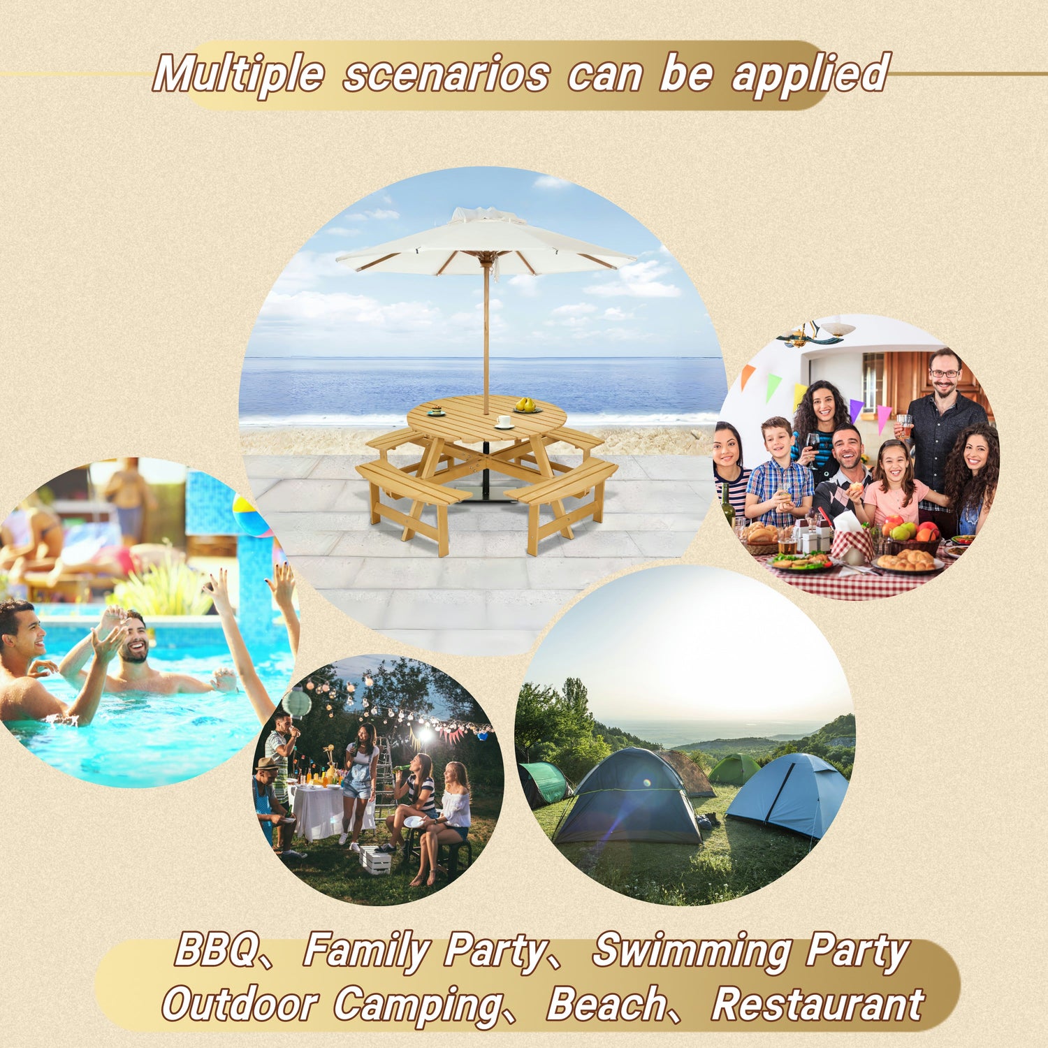8-Person Round Picnic Table with 4 Built-in Benches - Natural Finish