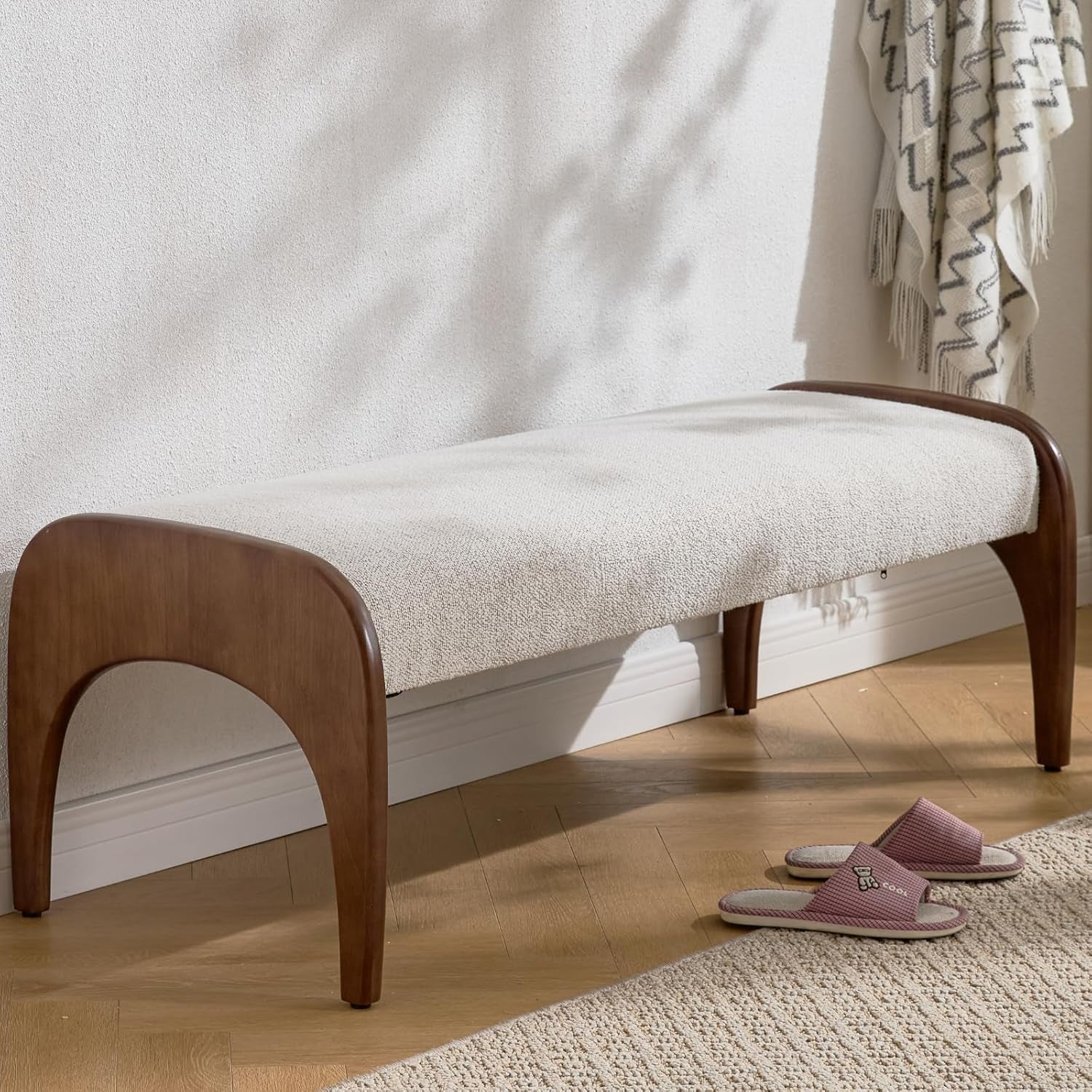 51-Inch Ottoman Bench With Beige Sherpa Upholstery