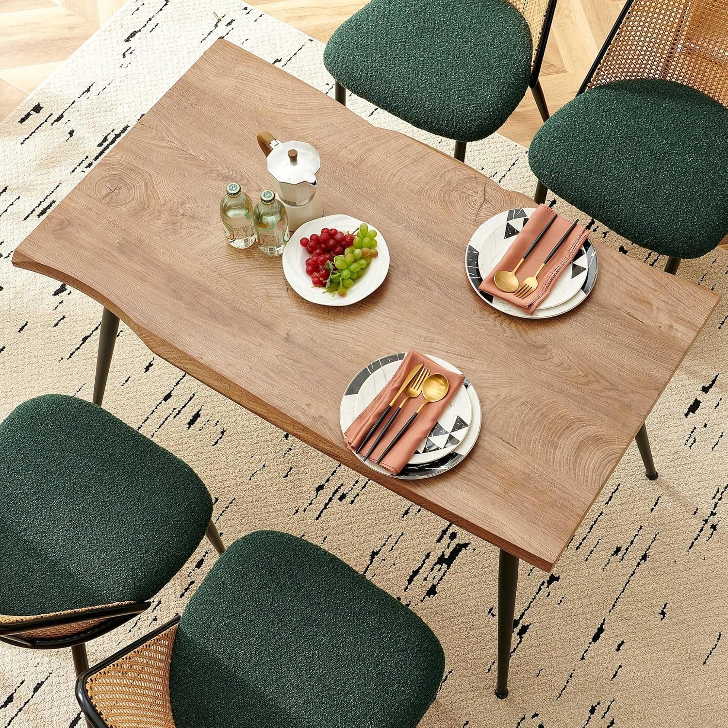 Walnut Finish Raw Edge 47" Dining Set - Green