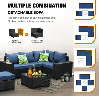 6 Piece All Weather Outdoor Wicker Sectional Sofa Set - Navy