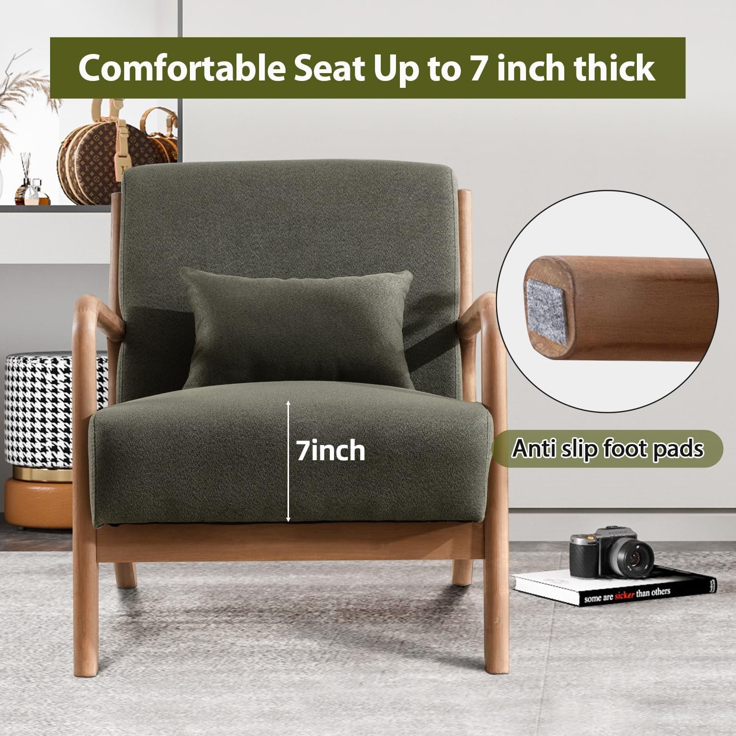 Olive Gray Upholstered Mid Century Modern Accent Armchair
