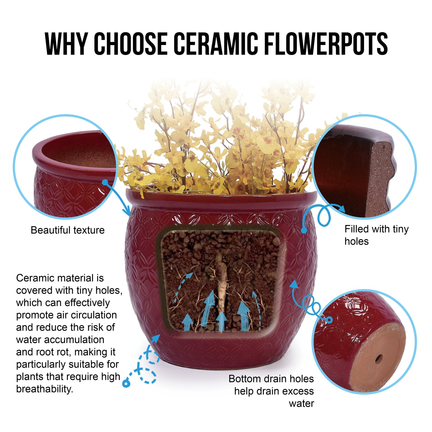 Set of 3 Ceramic Flowerpots - Red