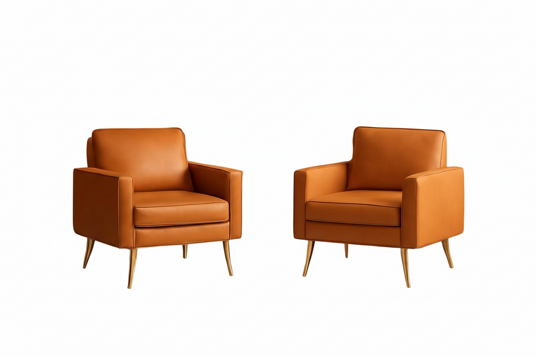Brown PU Leather Accent Chairs With Gold Legs - 2 pc Set