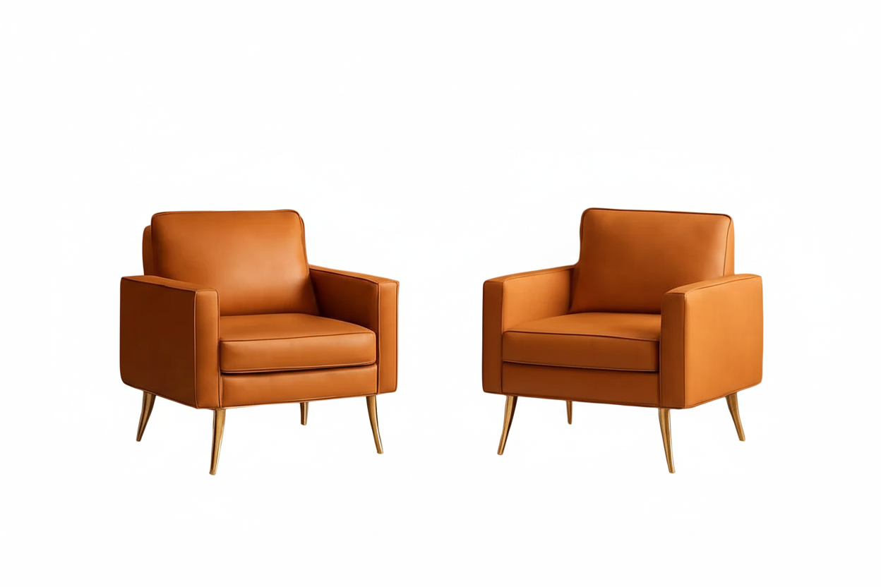 Brown PU Leather Accent Chairs With Gold Legs - 2 pc Set