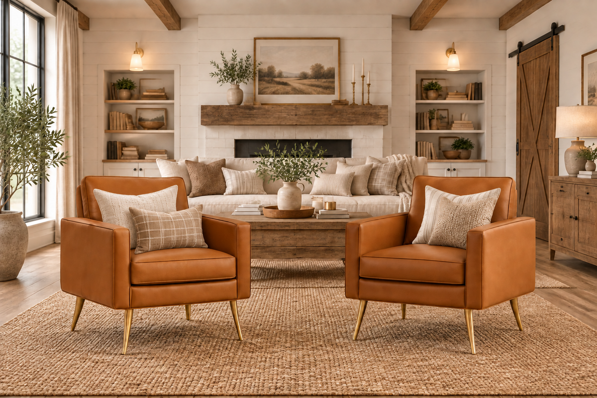 Brown PU Leather Accent Chairs With Gold Legs - 2 pc Set