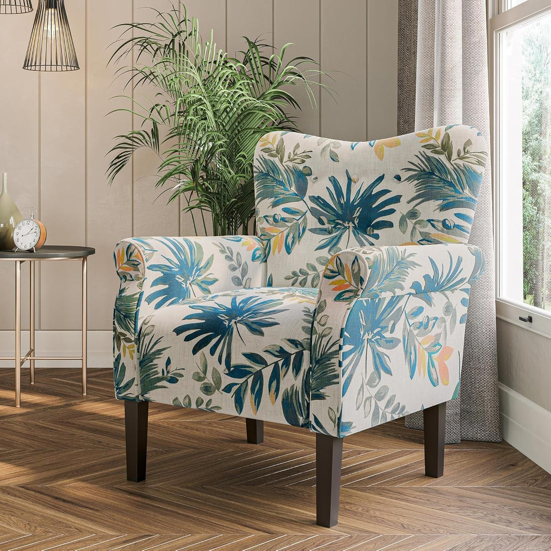 Wingback Upholstered Accent Chair In Blue Floral