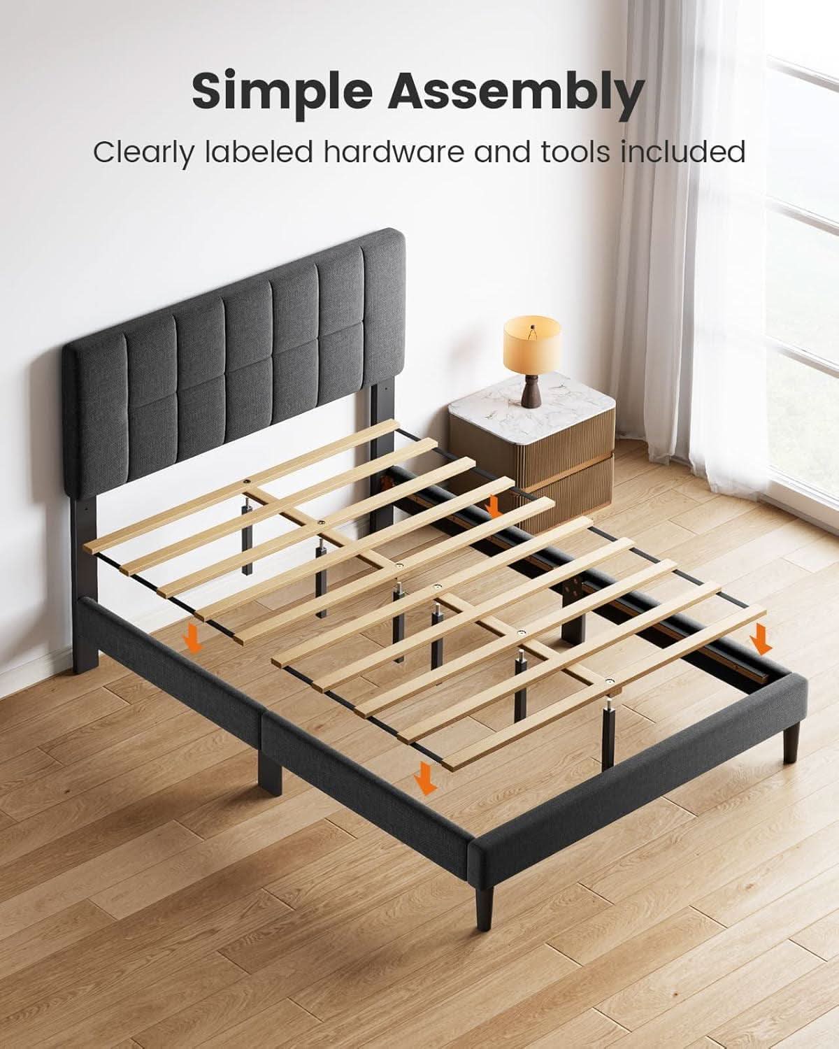 Full Size Upholstered Bed Frame With Adjustable Headboard - Dark Gray