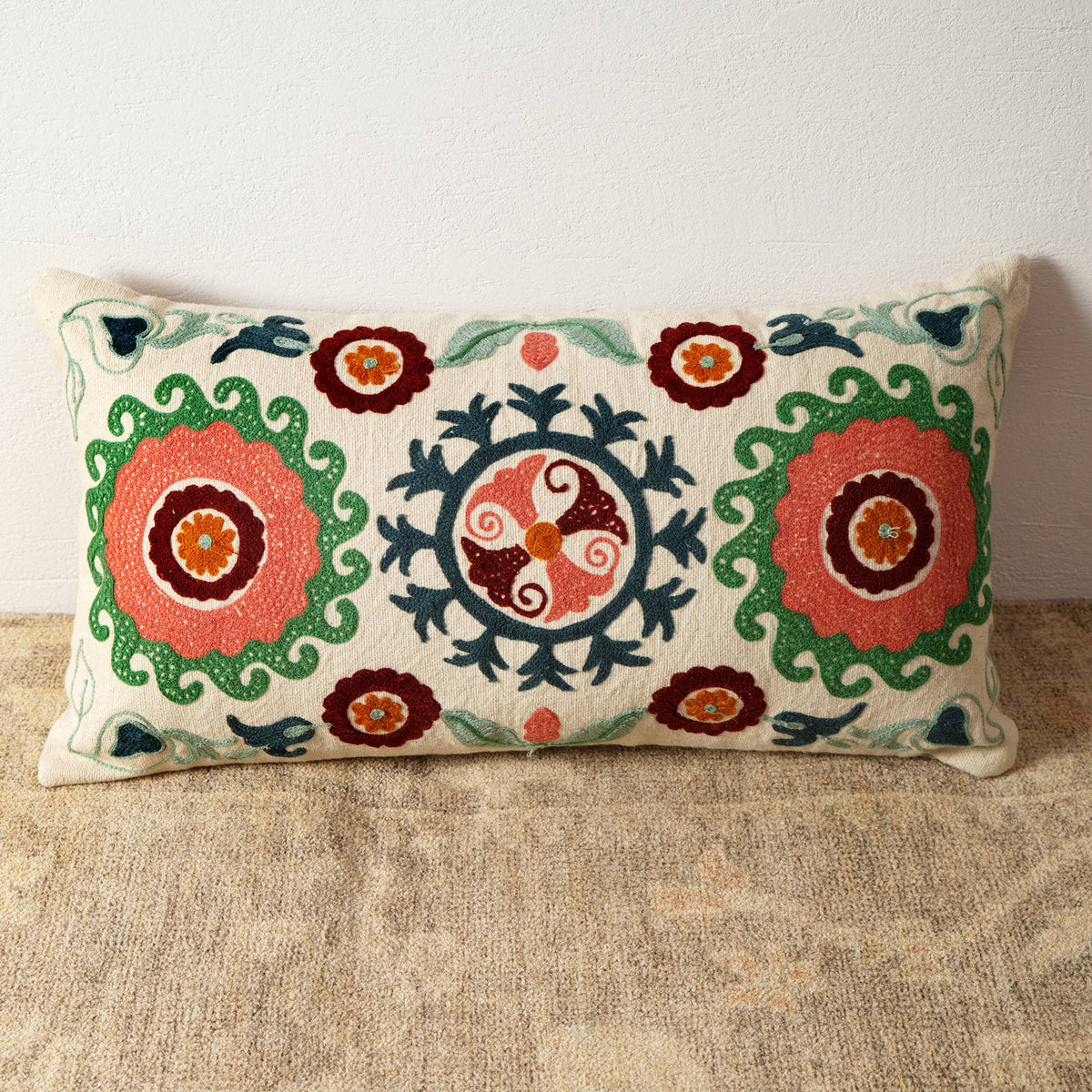 Suzani Embroidered Multicolor Lumbar Throw Pillow - 26" X 14"