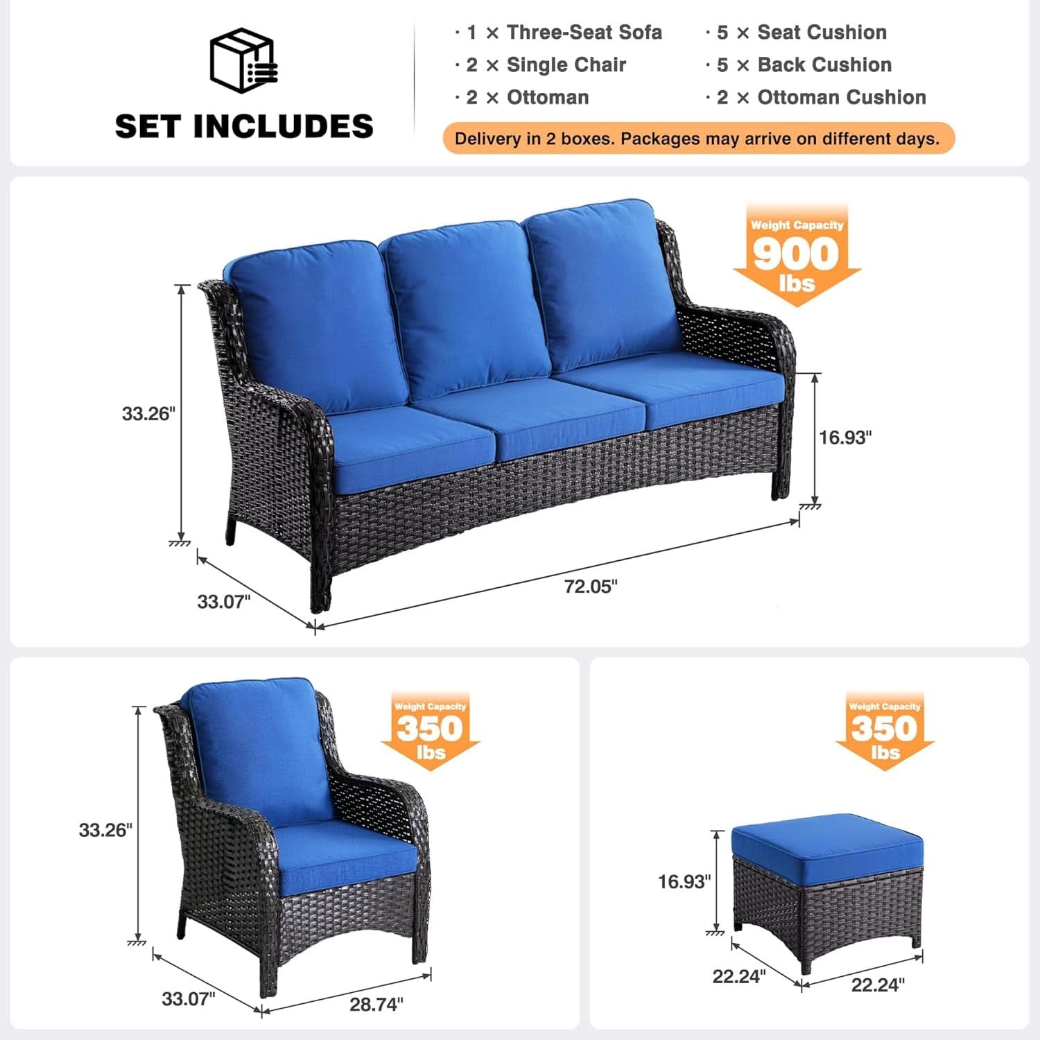Five Piece Outdoor Wicker Patio Set With Cushions - Blue