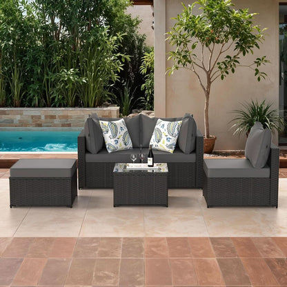Grey 5 Piece Outdoor Patio Sectional Set With Ottoman
