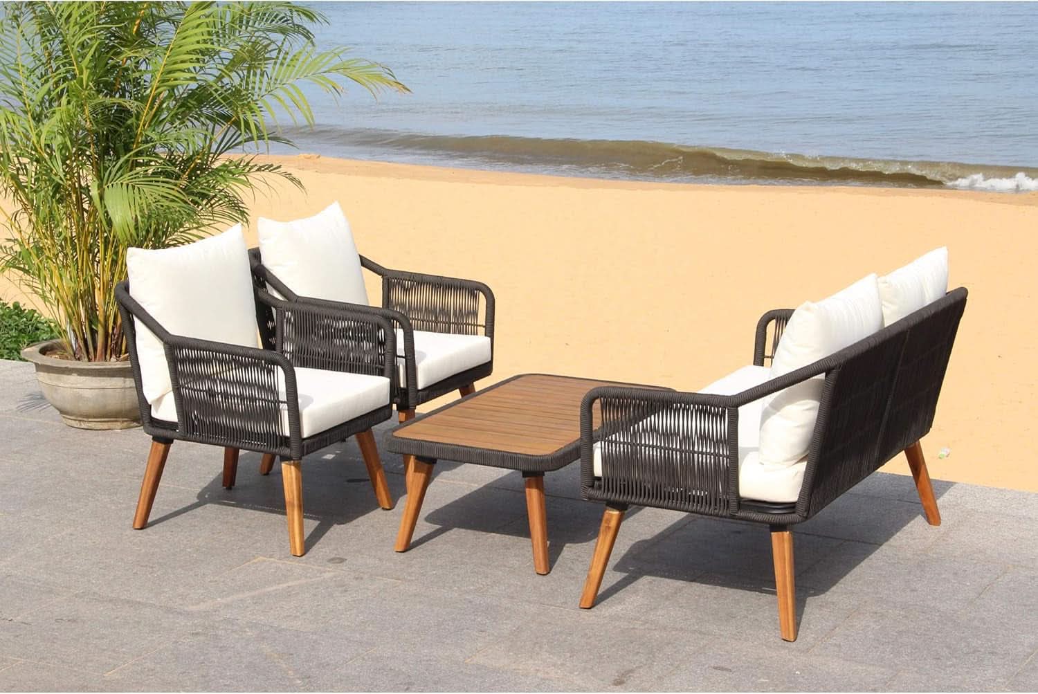 Outdoor 4 Piece Eucalyptus Rope Furniture Set With Cream Cushions