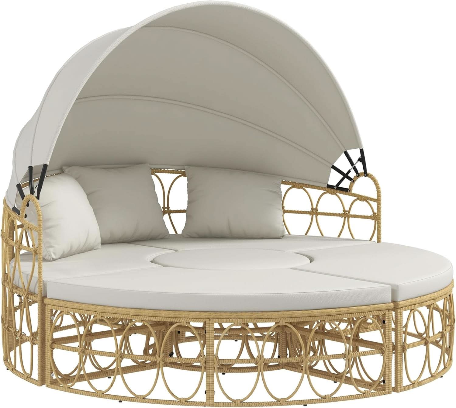 Round Outdoor Daybed Set with Canopy and Cushions - Beige