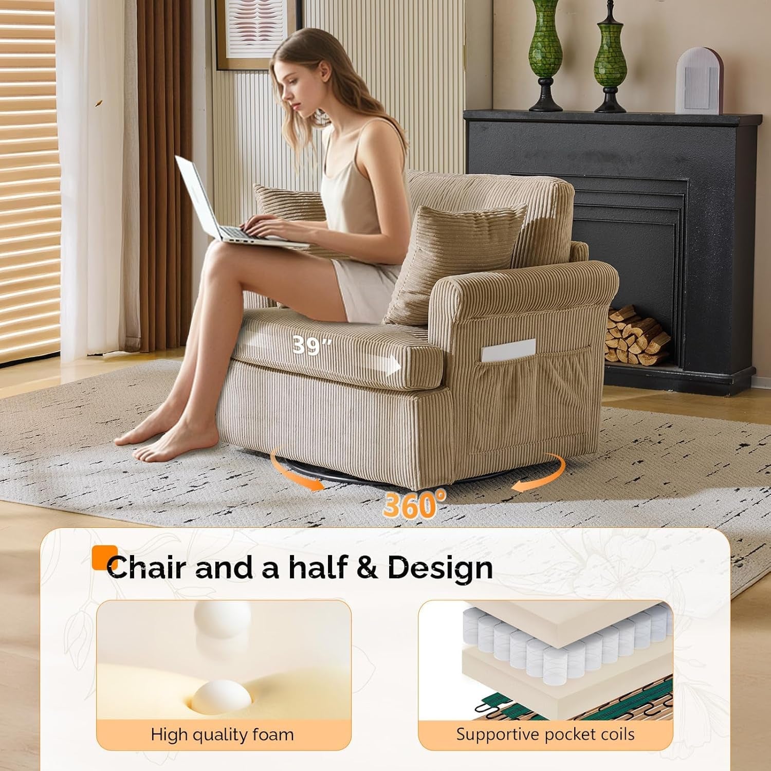 Vingl Extra Wide Swivel Armchair in Khaki Corduroy