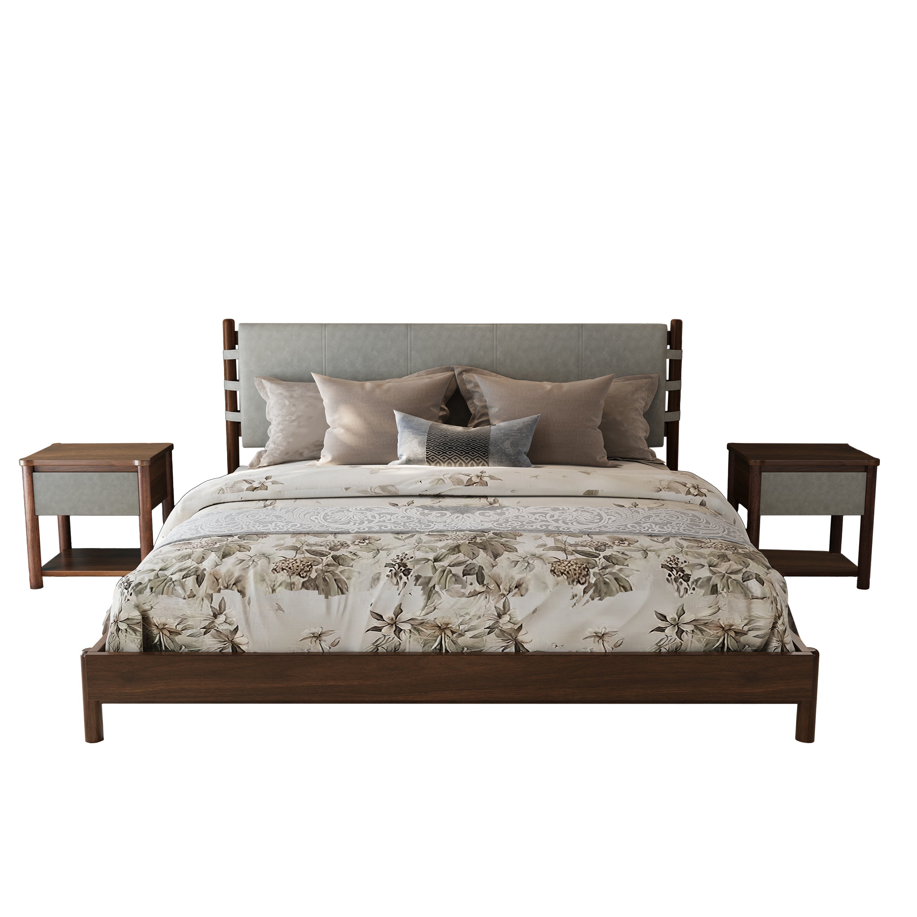 Modern Queen Bed Frame Set with 2 Nightstands - Gray/Walnut