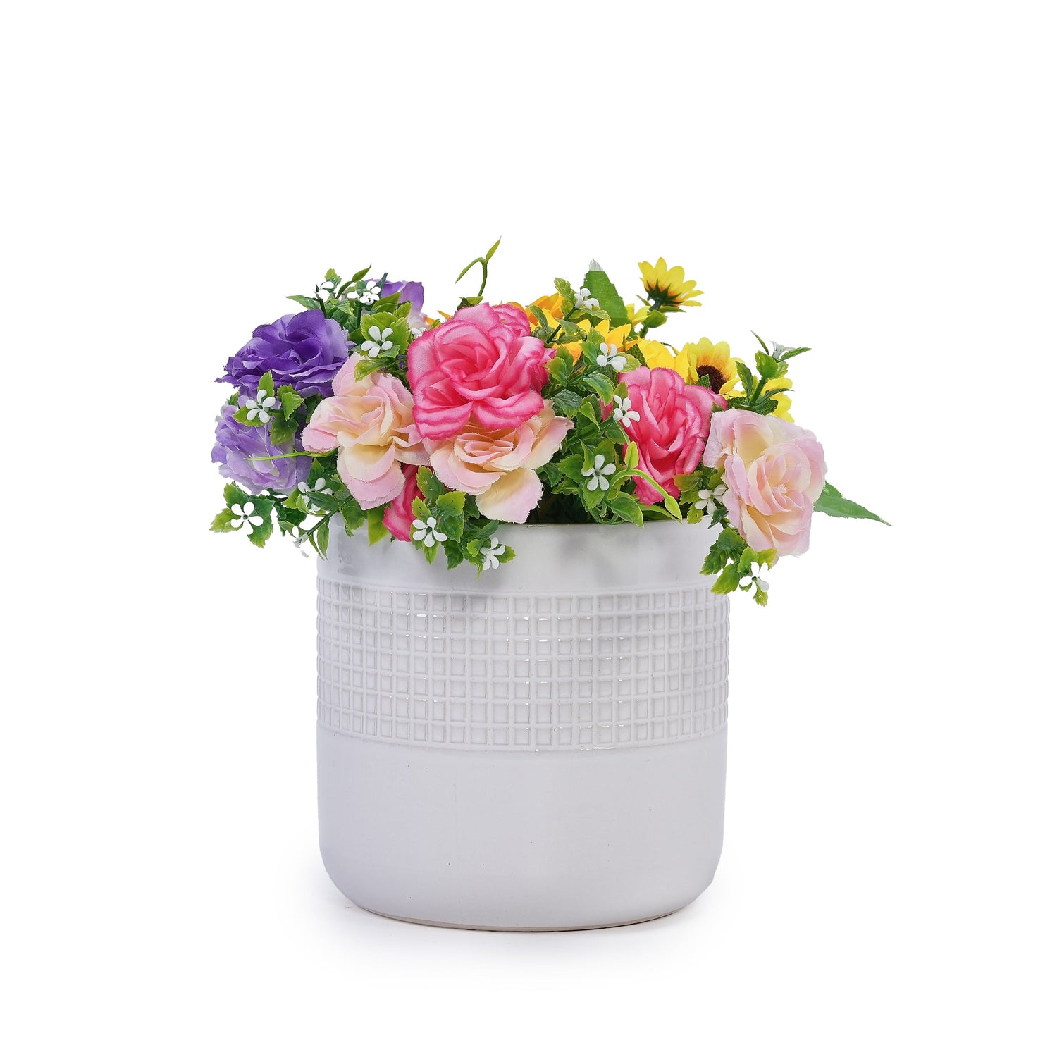 Set of 3 Grid Ceramic Flowerpots - Antique White