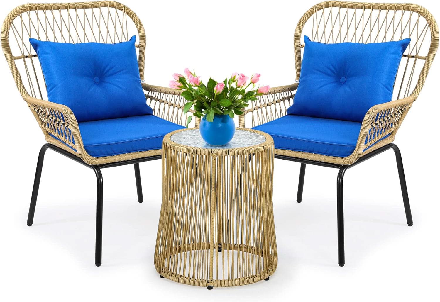 3 Piece Outdoor Wicker Patio Bistro Set - Blue