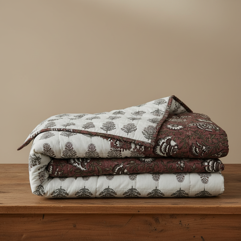 Ruby Cotton Block Print Quilted Coverlet