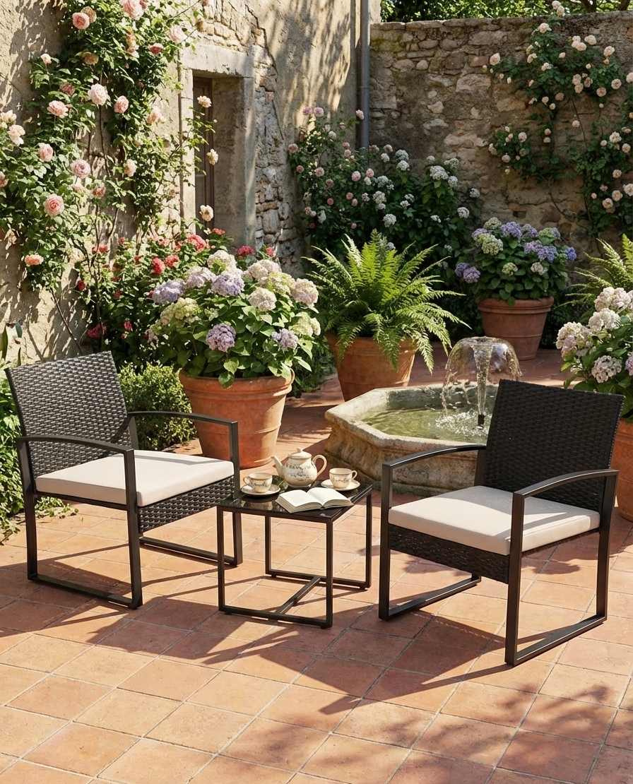 3-Piece Outdoor Patio Furniture Set – Wicker Chairs with Beige or Black Cushions