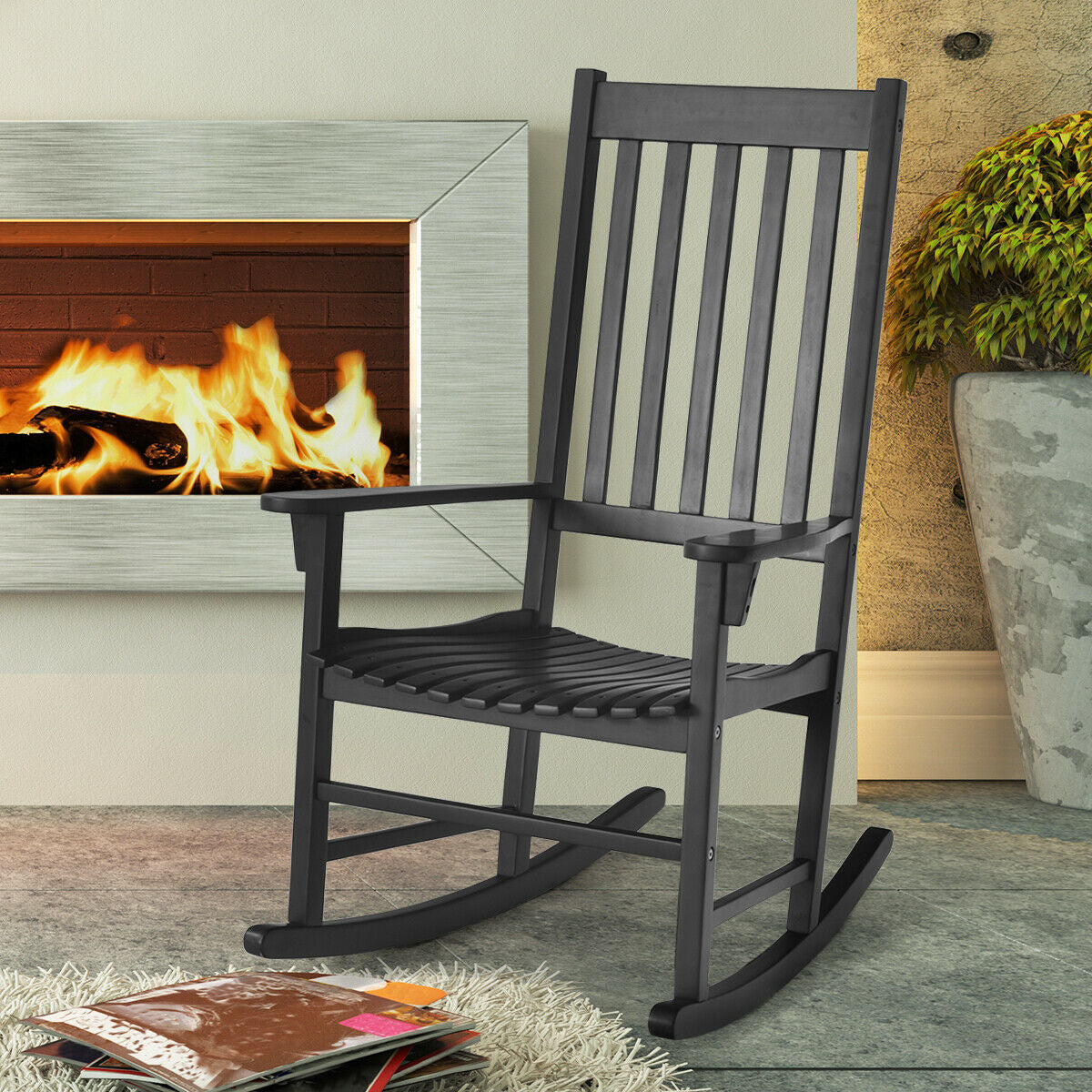 Indoor/Outdoor Wooden High Back Rocking Chair - Black, Natural, White