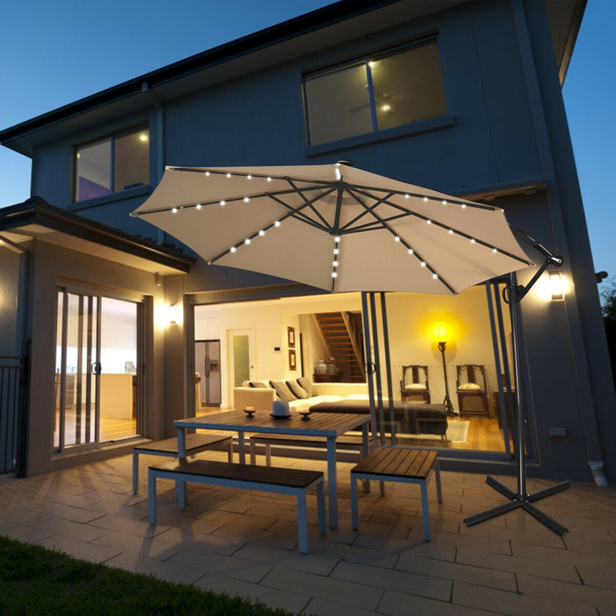 10 ft 360° Rotation Solar Powered LED Patio Offset Umbrella - 8 Colors