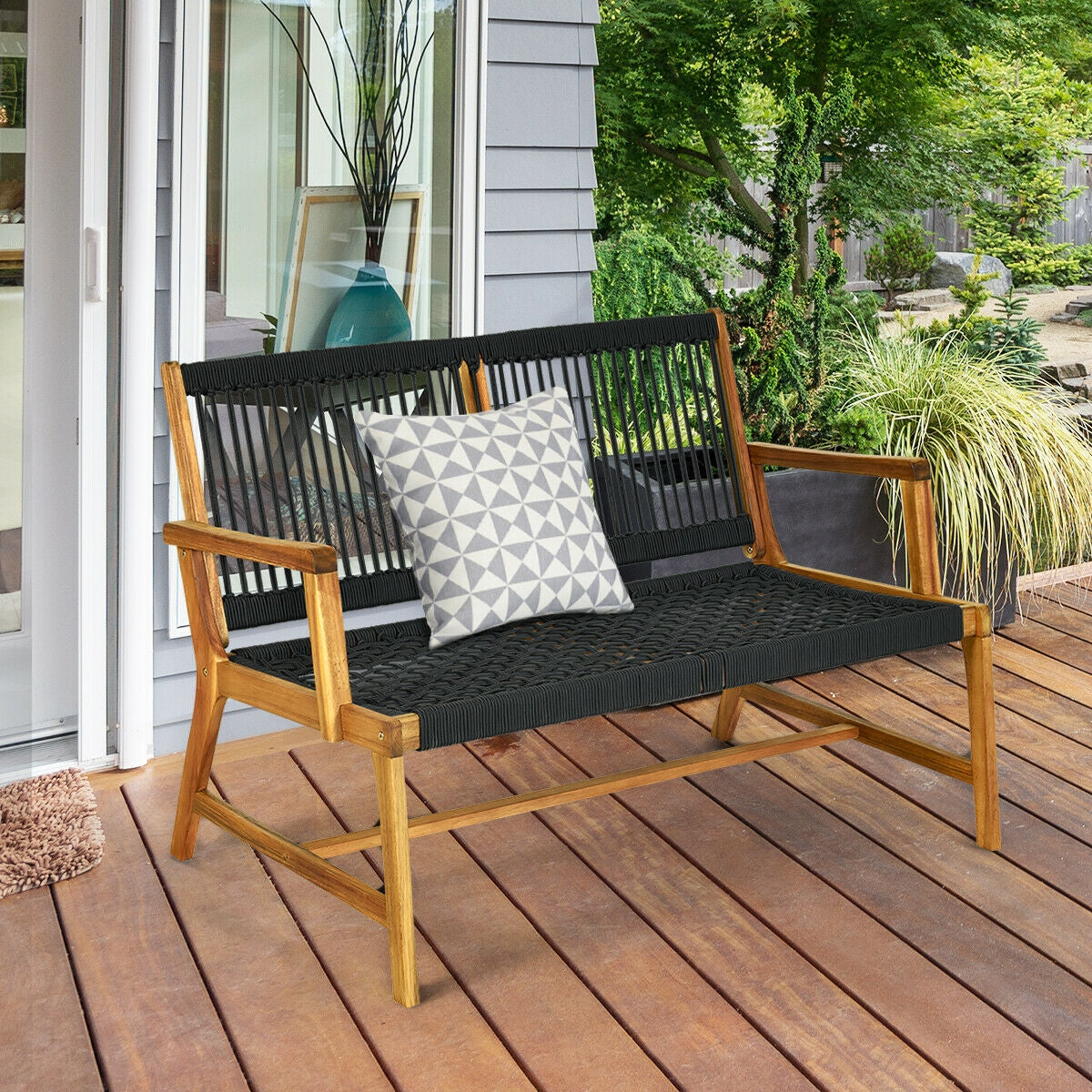 2-Person Acacia Wood Yard Bench for Balcony and Patio - Black