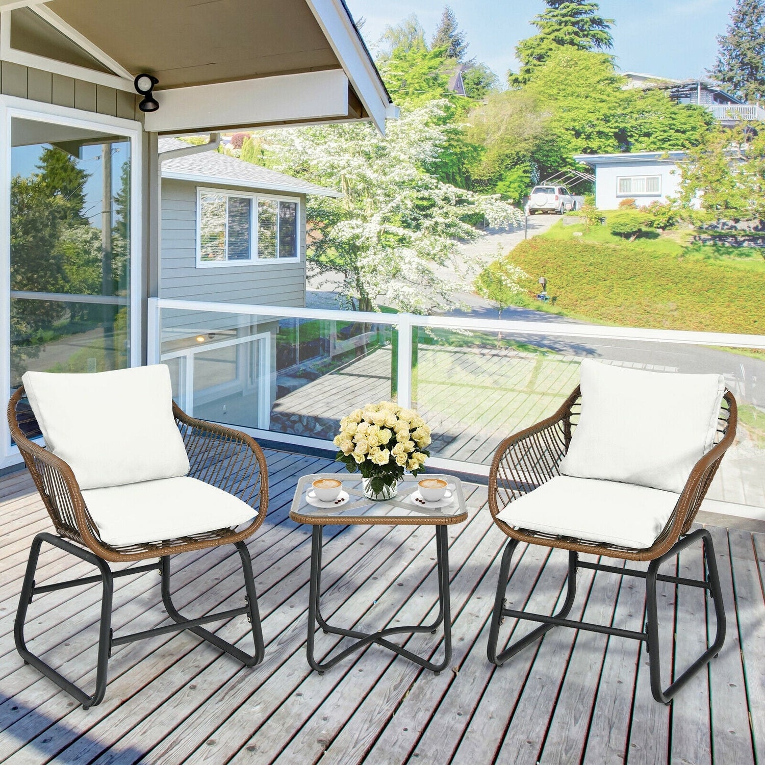 3 Pc Rattan Bistro Set with White Cushions