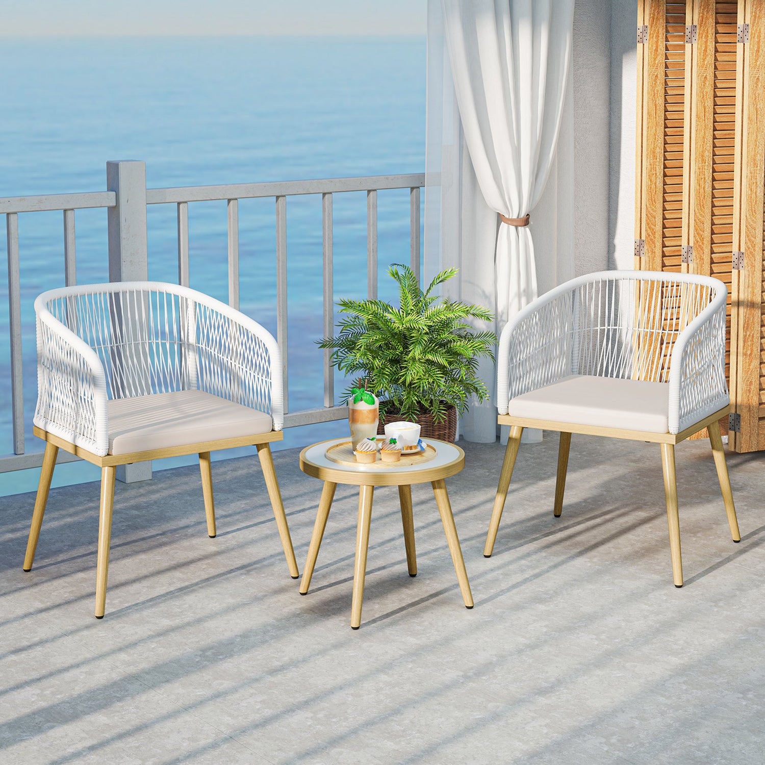 3 Piece Outdoor Bistro Set - White Wicker
