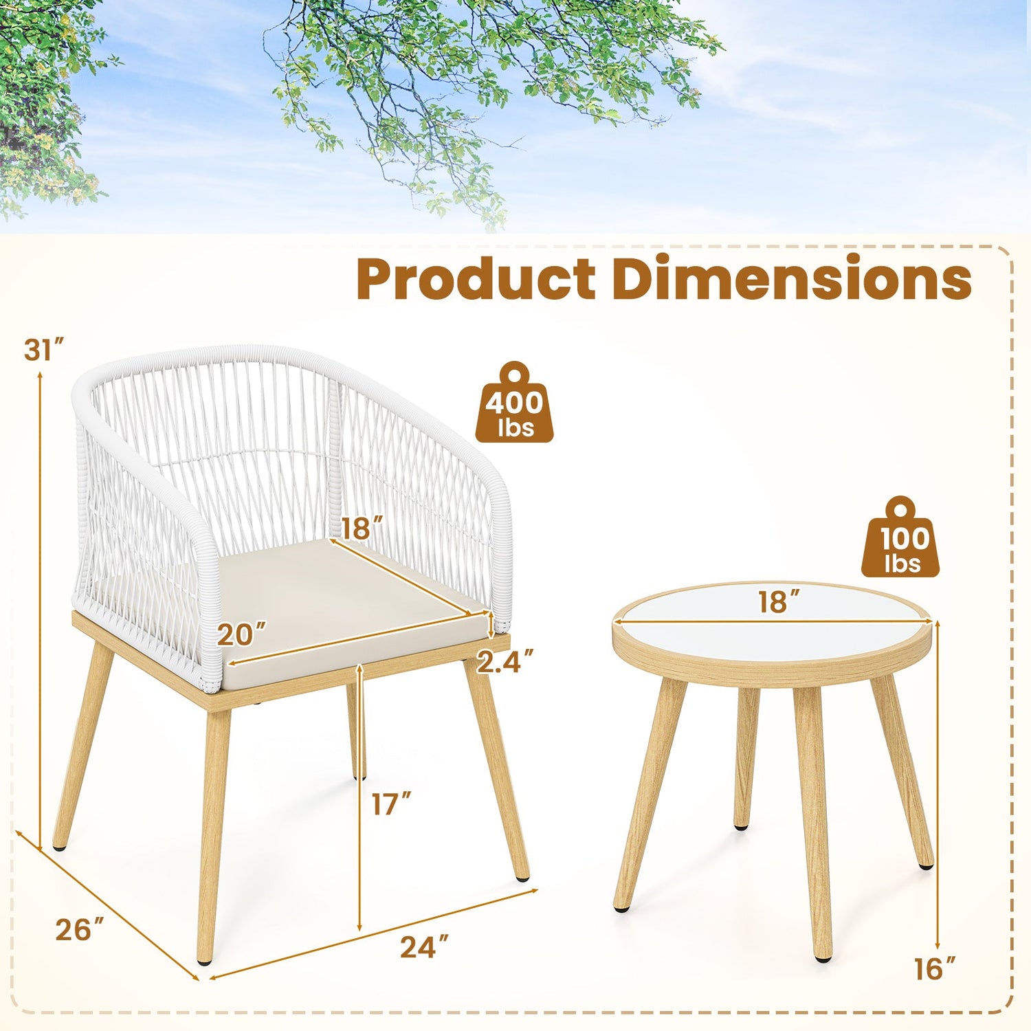 3 Piece Outdoor Bistro Set - White Wicker