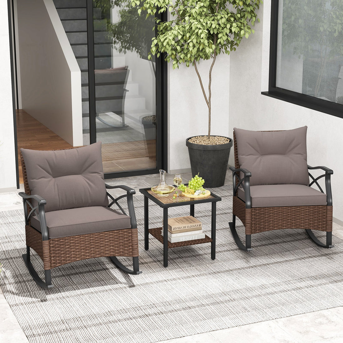 3 Piece Outdoor Rattan Rocking Chair Set with Gray Cushions
