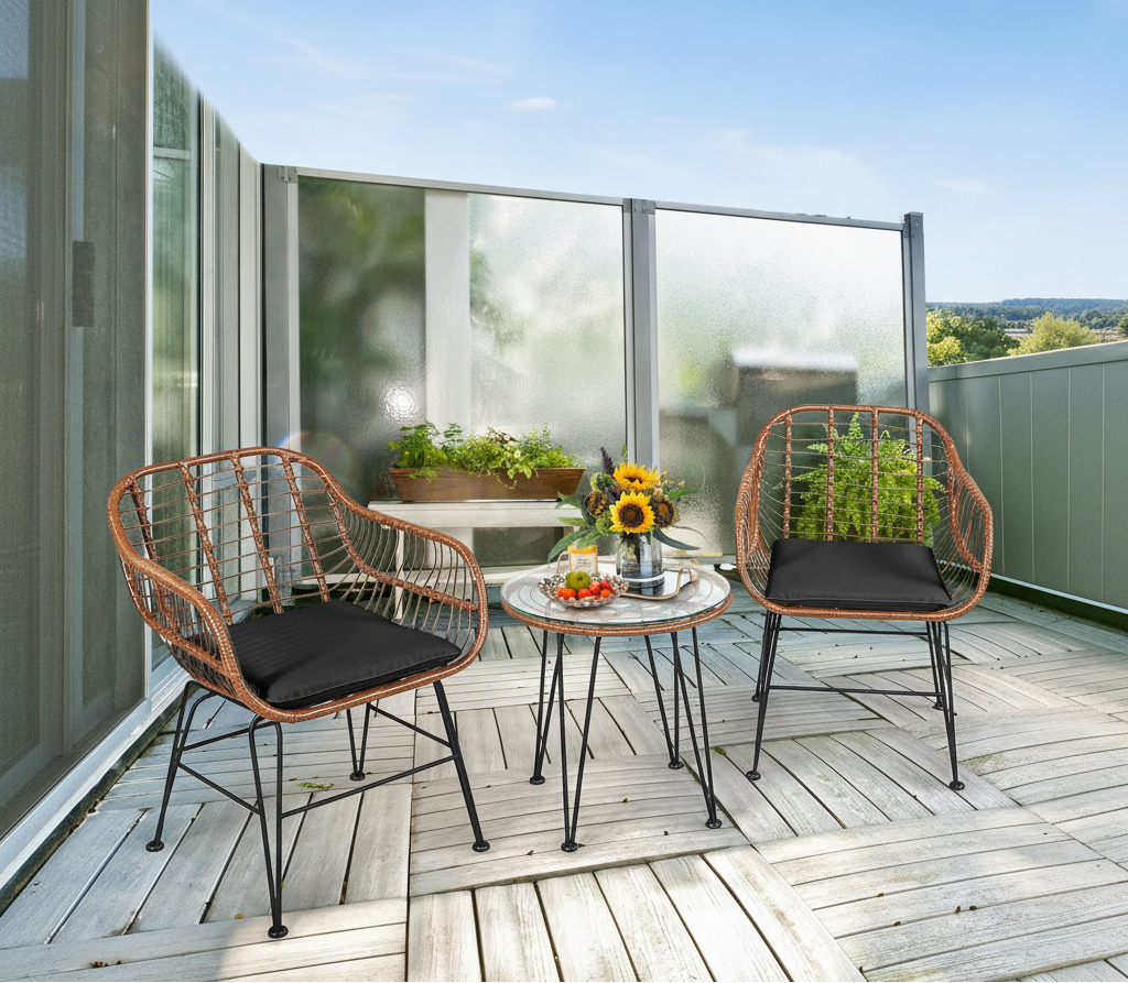 3 Pc Rattan Bistro Set with Black Cushions