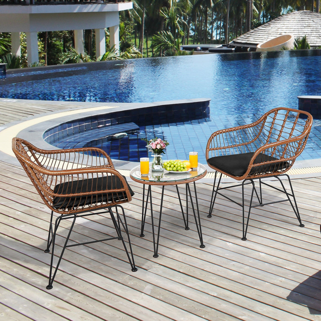 3 Pc Rattan Bistro Set with Black Cushions
