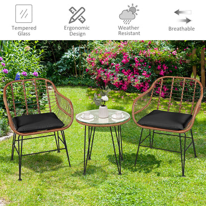 3 Pc Rattan Bistro Set with Black Cushions