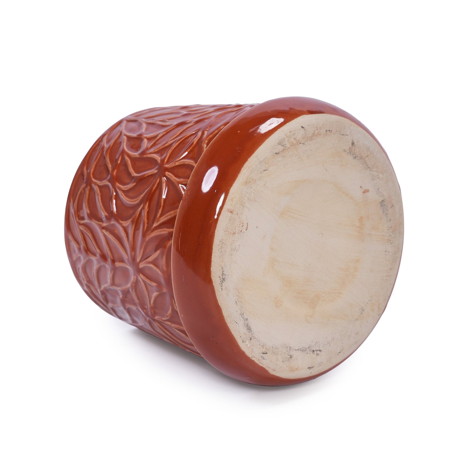Set of 2 Embossed Ceramic Flowerpots - Red