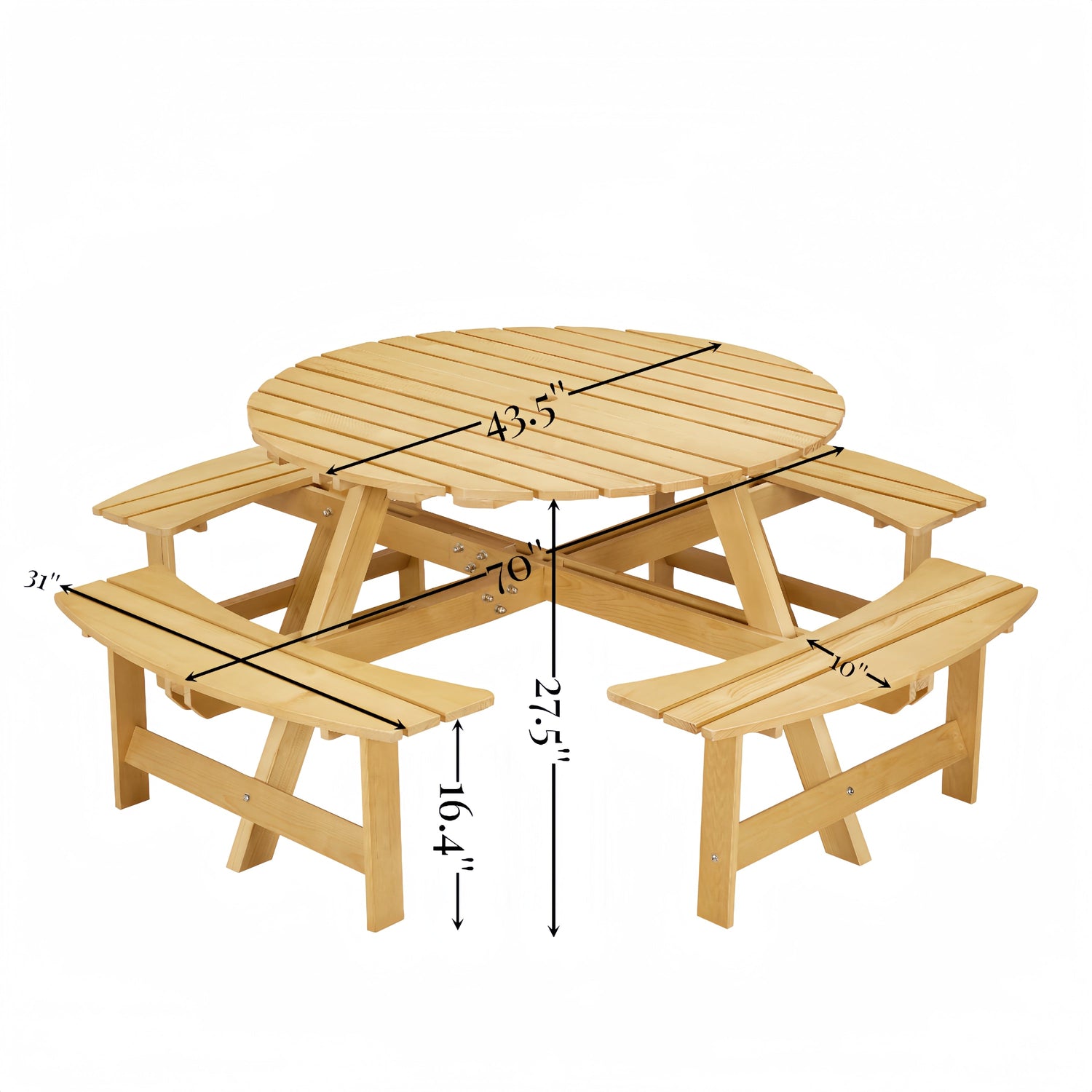 8-Person Round Picnic Table with 4 Built-in Benches - Natural Finish